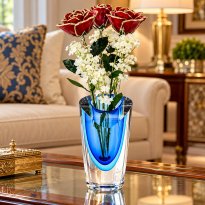 Past, Present, Future 11" Silver Trim Roses in Azure Vase